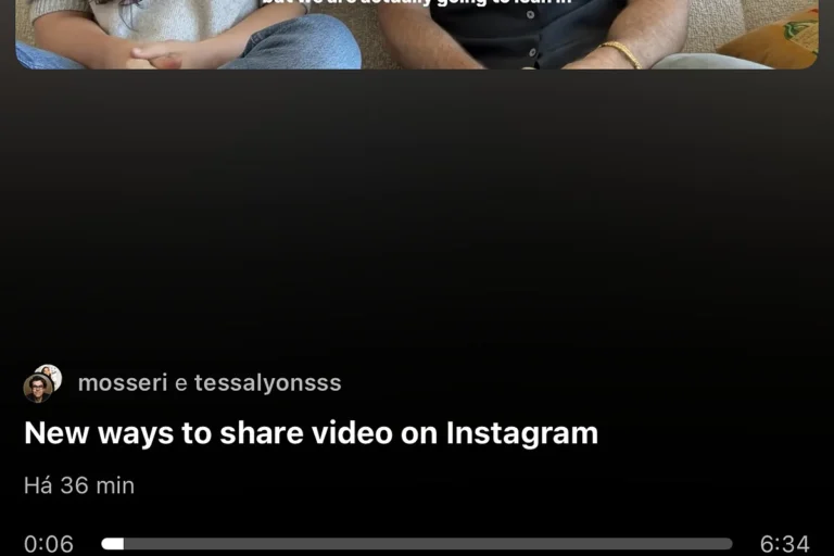 Player de vídeo longo do Instagram com título New ways to share video on Instagram e duração de 6 minutos e 34 segundos